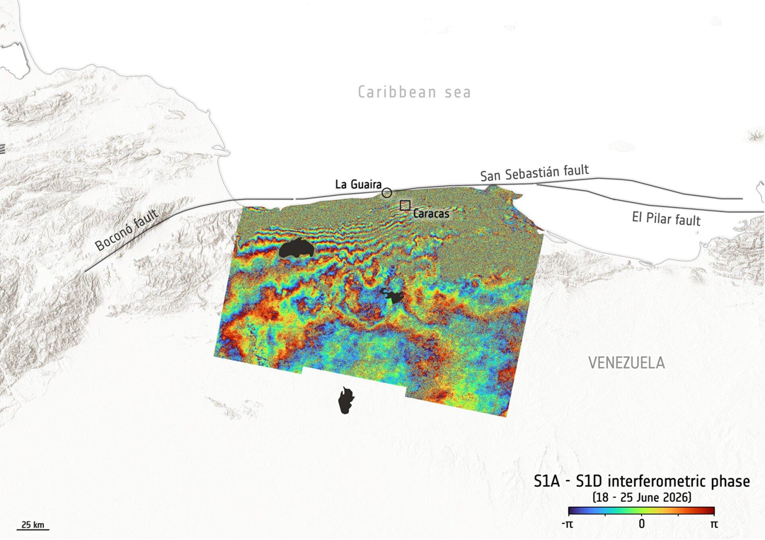 Fig 2: Sentinel-1 satellite data reveal ground displacement following the 24 June 2026 Venezuela earthquakes