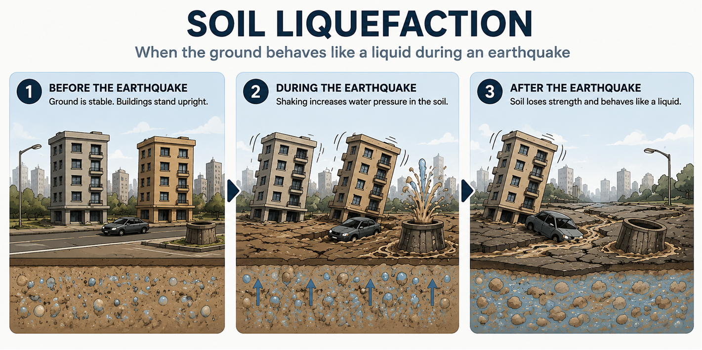 Fig 2: Soil liquefaction causing water-saturated soil to lose strength